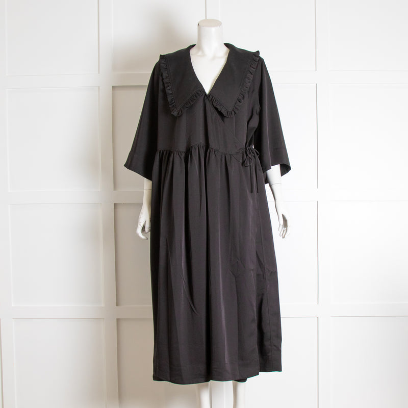 Ganni Black Frill Wide Collar Wrap Dress