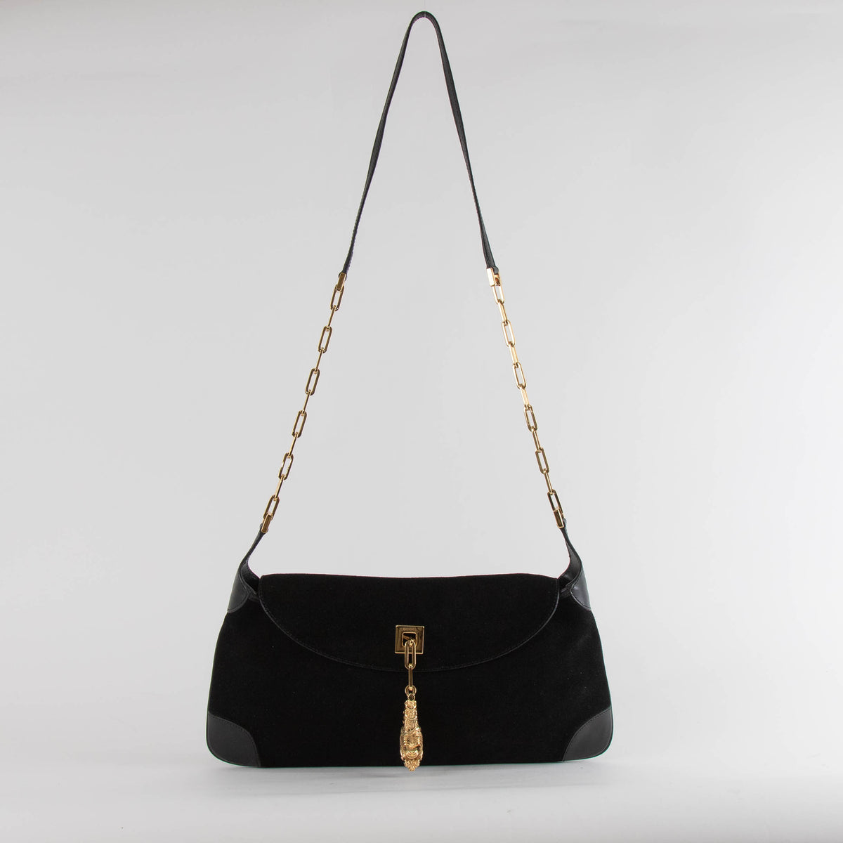 Gucci Black Suede Vintage Crossbody Bag with Tiger Charm