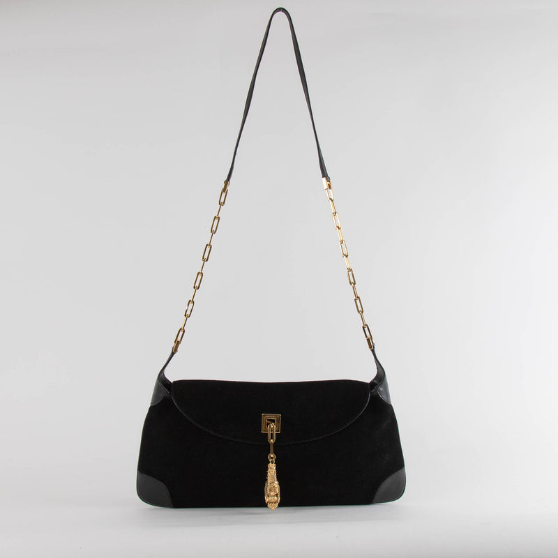 Gucci Black Suede Vintage Crossbody Bag with Tiger Charm