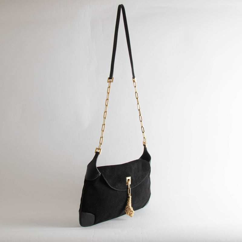Gucci Black Suede Vintage Crossbody Bag with Tiger Charm