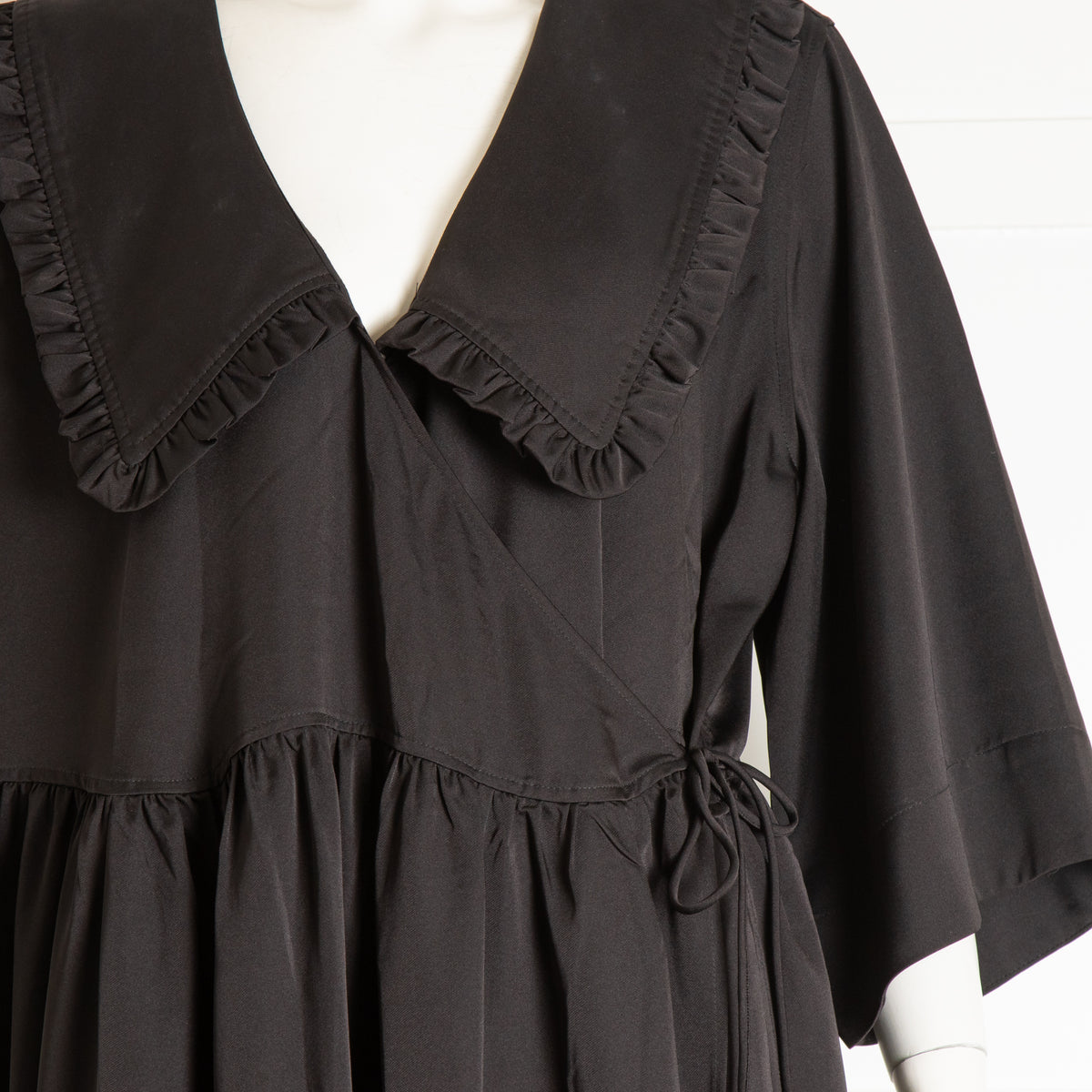 Ganni Black Frill Wide Collar Wrap Dress