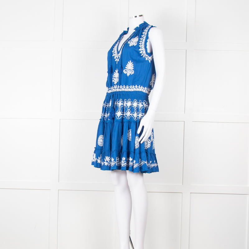 Pranella Blue White Embroidered Sleeveless Sun Dress