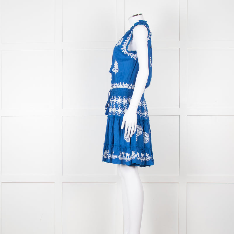 Pranella Blue White Embroidered Sleeveless Sun Dress