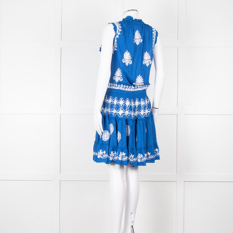 Pranella Blue White Embroidered Sleeveless Sun Dress