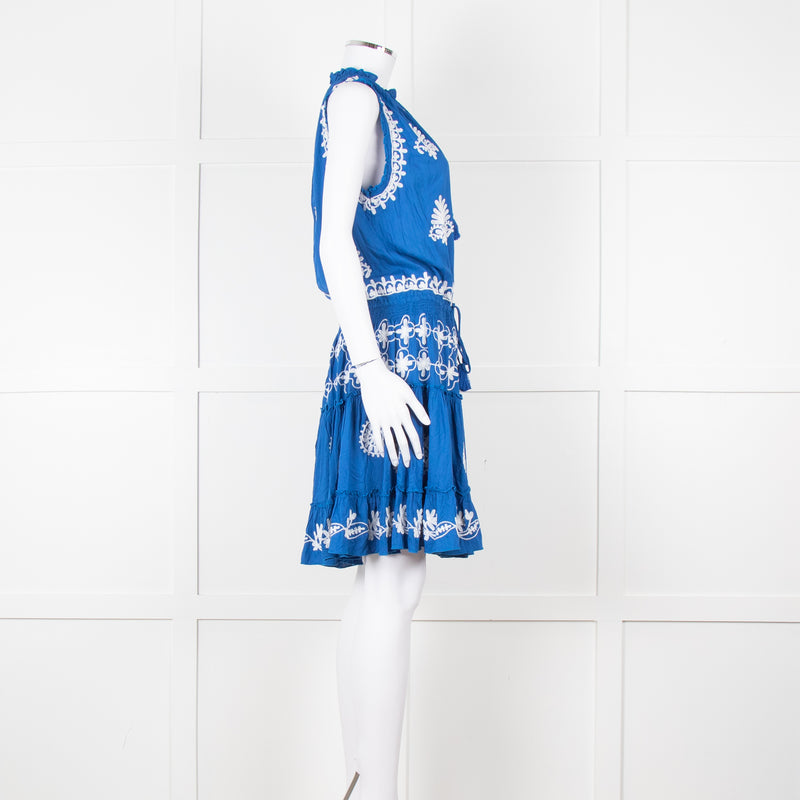 Pranella Blue White Embroidered Sleeveless Sun Dress