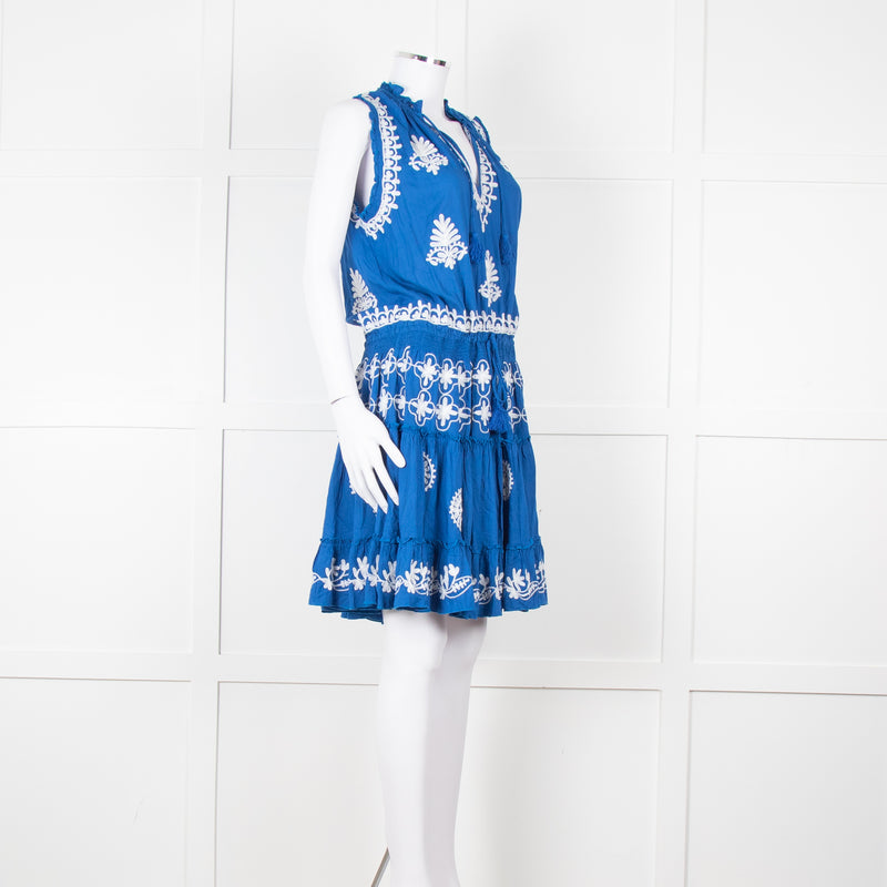 Pranella Blue White Embroidered Sleeveless Sun Dress