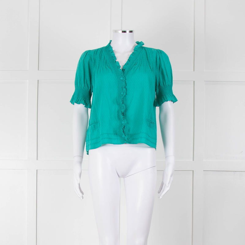 See By Chloe Turquoise Ruffle Front Short Sleeve Blouse