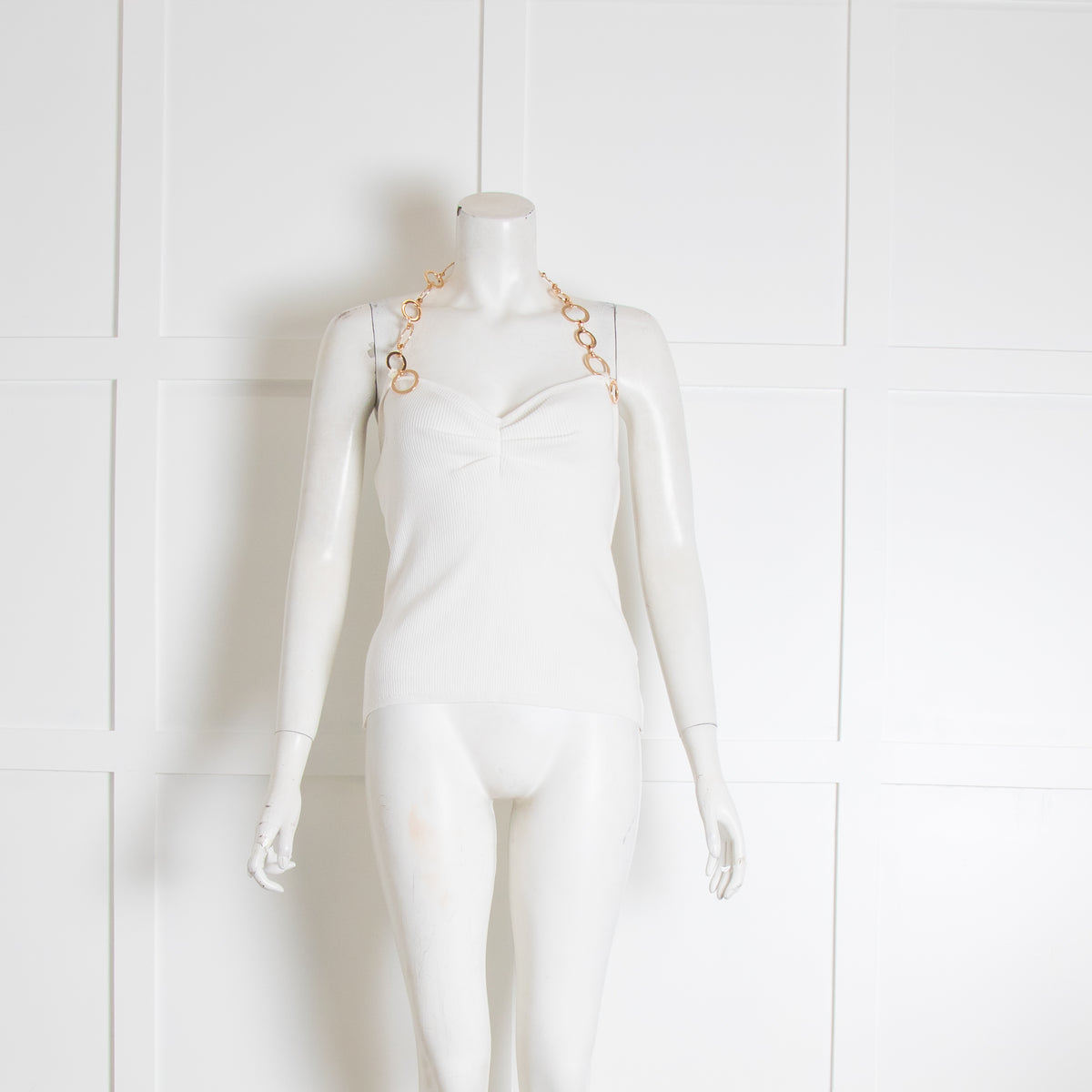 Musier White Ribbed Top with Gold Chain Neck Detail