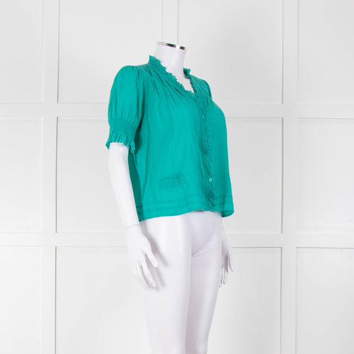 See By Chloe Turquoise Ruffle Front Short Sleeve Blouse