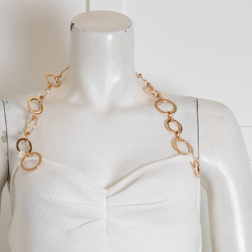 Musier White Ribbed Top with Gold Chain Neck Detail