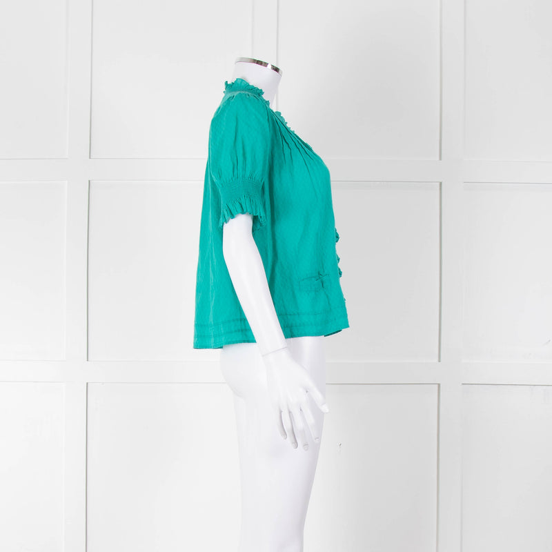See By Chloe Turquoise Ruffle Front Short Sleeve Blouse