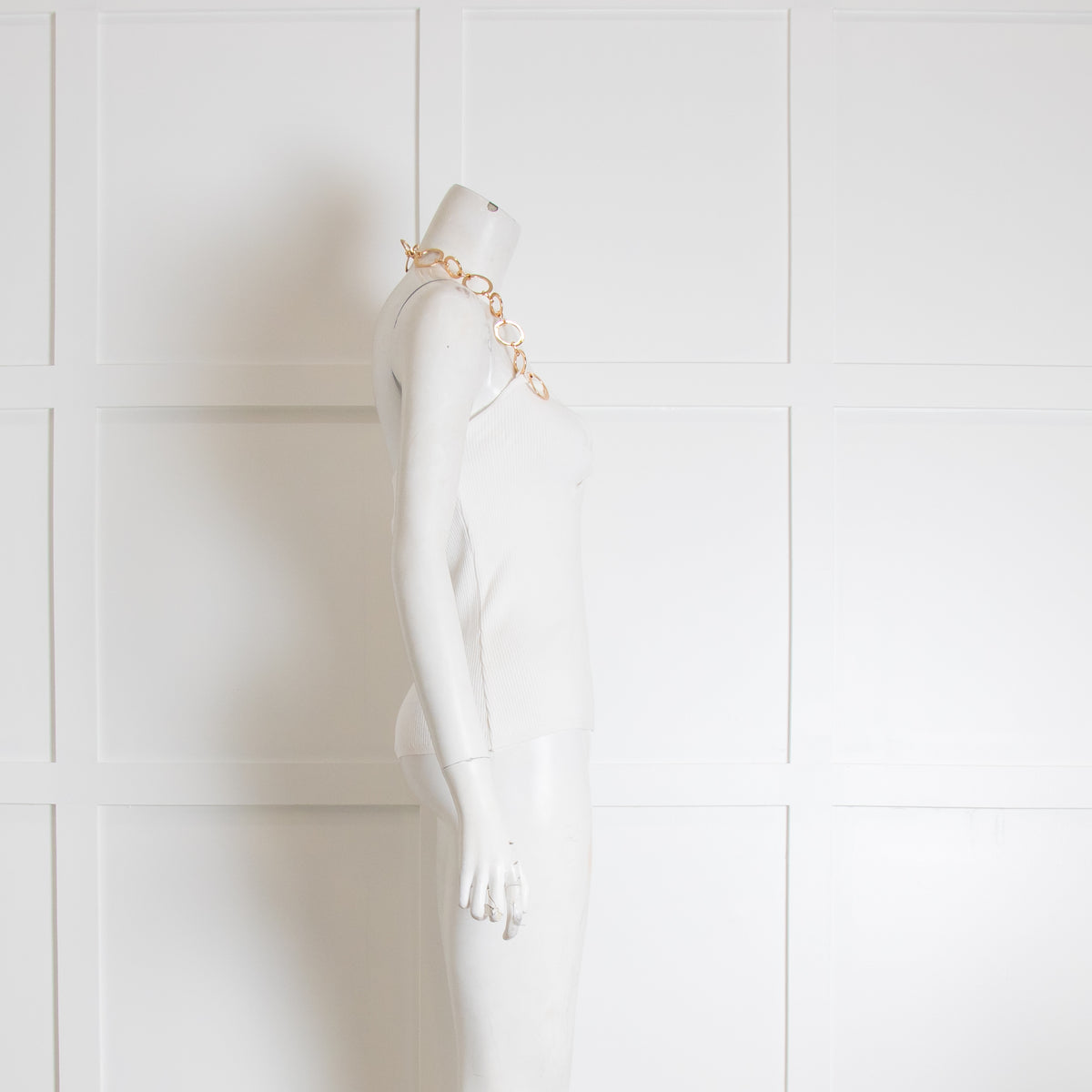 Musier White Ribbed Top with Gold Chain Neck Detail