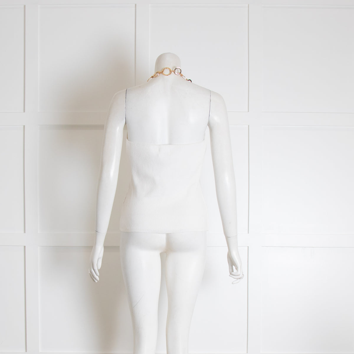 Musier White Ribbed Top with Gold Chain Neck Detail