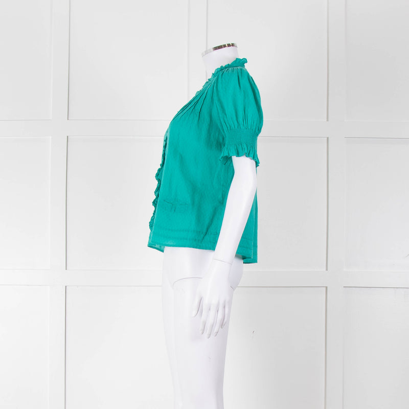 See By Chloe Turquoise Ruffle Front Short Sleeve Blouse