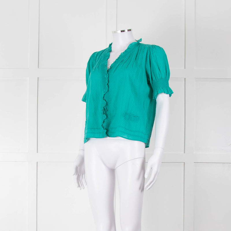 See By Chloe Turquoise Ruffle Front Short Sleeve Blouse