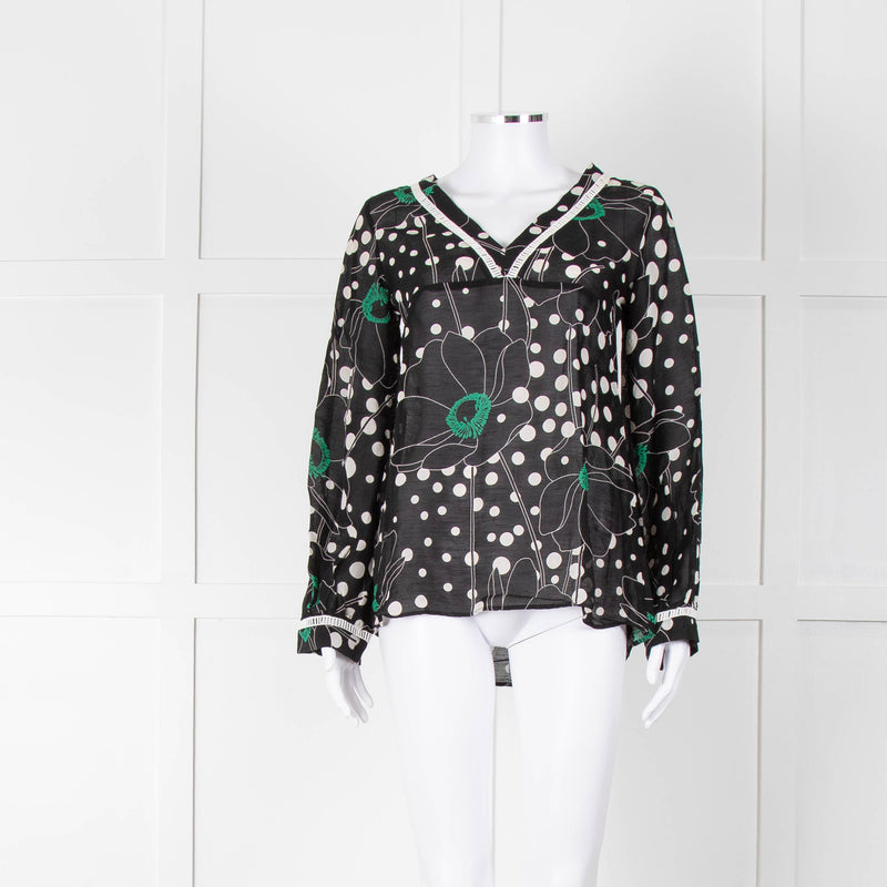 See By Chloe Black Floral And Dot Print V Neck Top