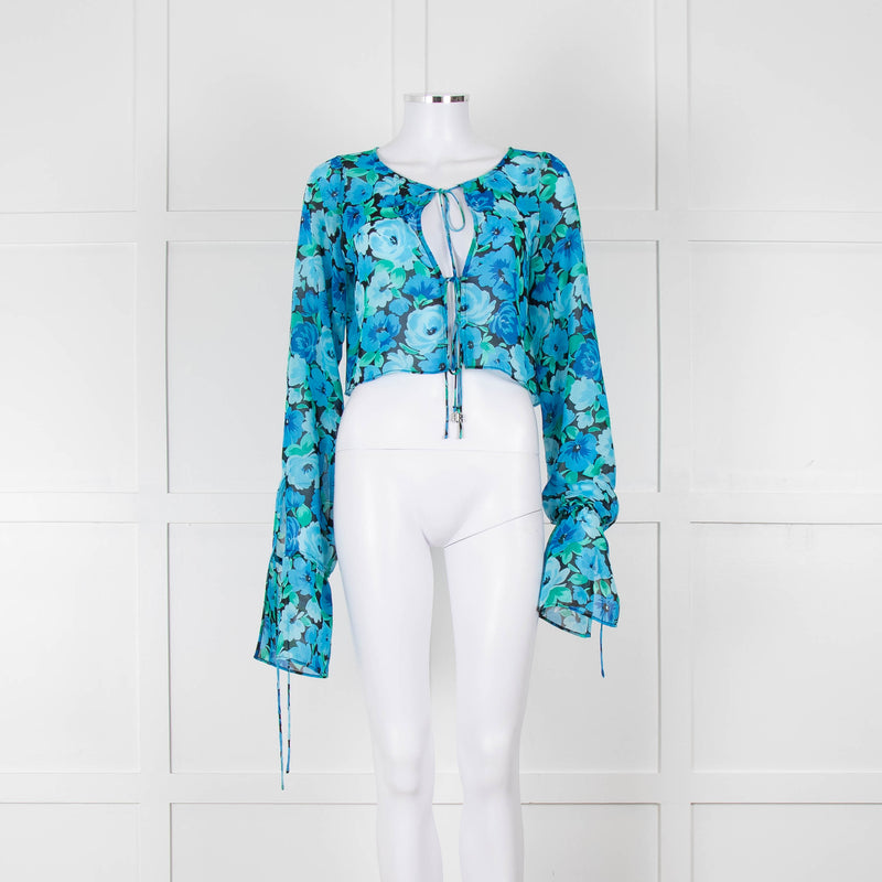 Rotate Blue and Black Sheer Floral Tie Front Crop Blouse