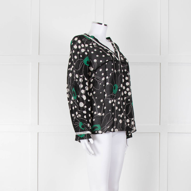 See By Chloe Black Floral And Dot Print V Neck Top
