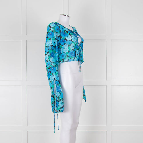 Rotate Blue and Black Sheer Floral Tie Front Crop Blouse
