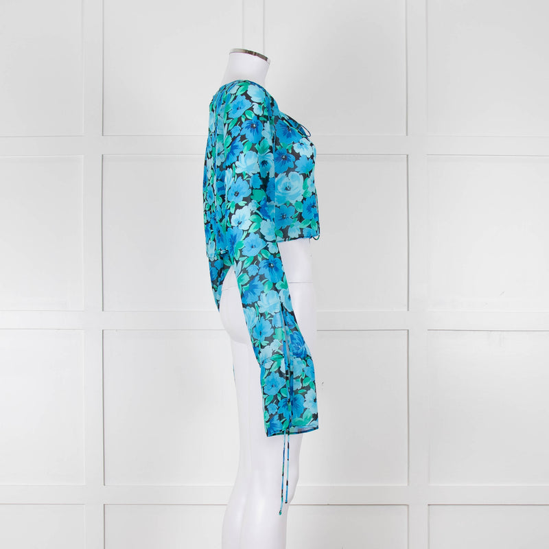 Rotate Blue and Black Sheer Floral Tie Front Crop Blouse