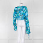 Rotate Blue and Black Sheer Floral Tie Front Crop Blouse