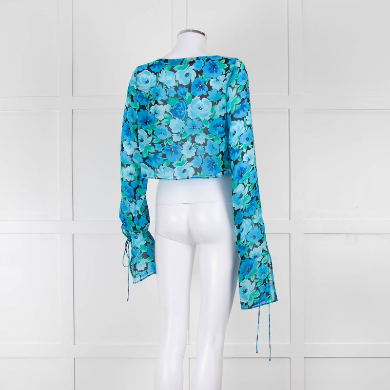Rotate Blue and Black Sheer Floral Tie Front Crop Blouse