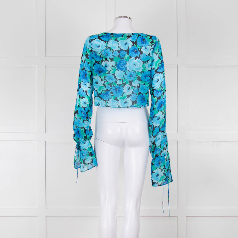Rotate Blue and Black Sheer Floral Tie Front Crop Blouse