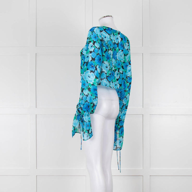 Rotate Blue and Black Sheer Floral Tie Front Crop Blouse