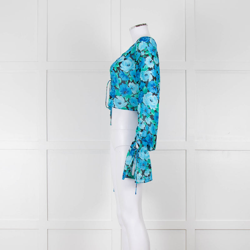 Rotate Blue and Black Sheer Floral Tie Front Crop Blouse