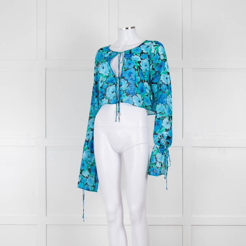 Rotate Blue and Black Sheer Floral Tie Front Crop Blouse