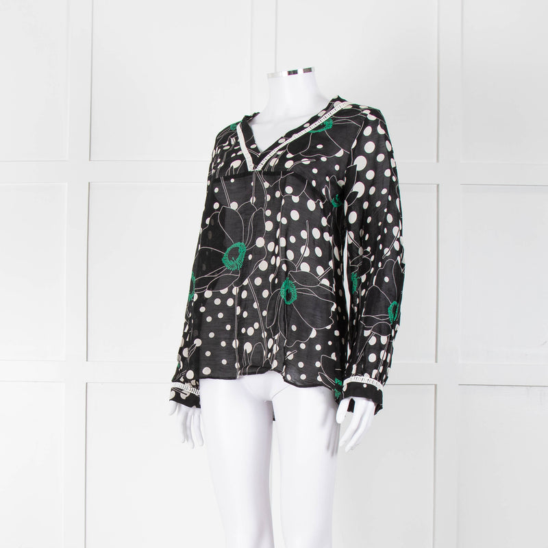See By Chloe Black Floral And Dot Print V Neck Top
