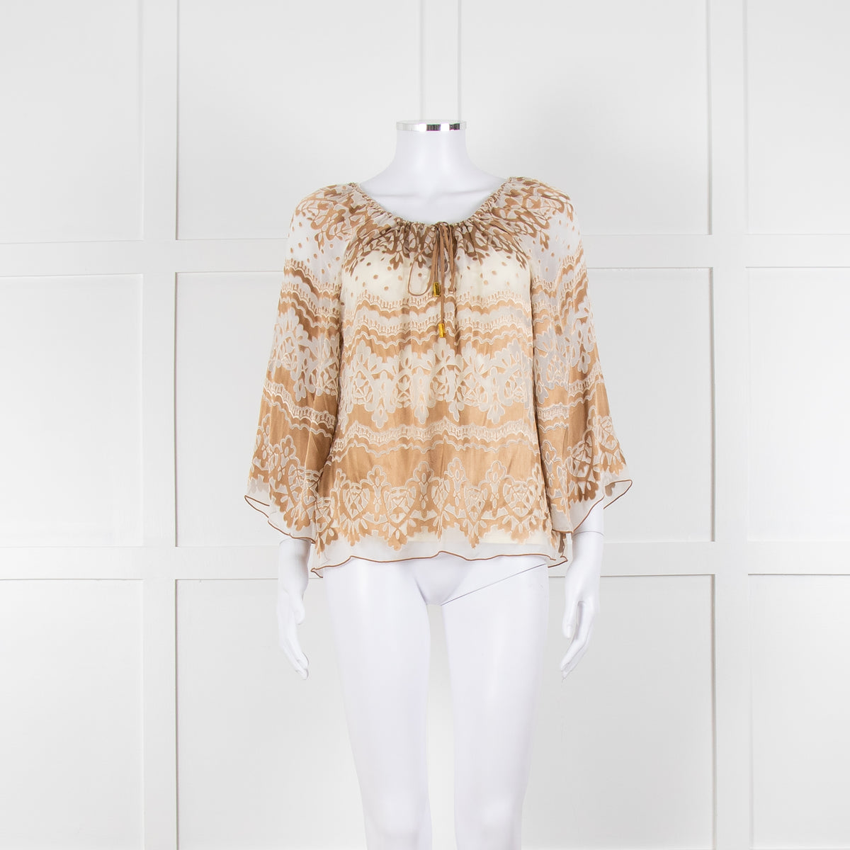 Hale Bob Cream Beige Devore Tie Neck Top With Vest