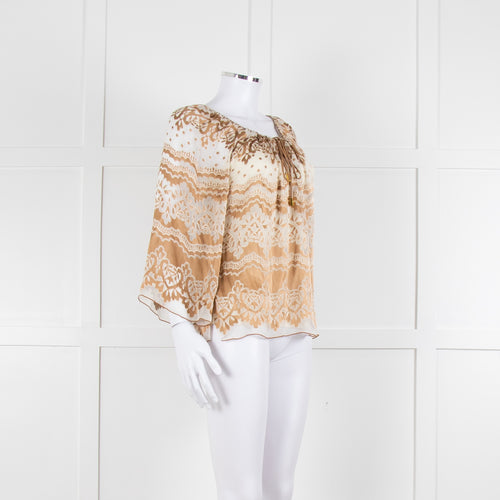 Hale Bob Cream Beige Devore Tie Neck Top With Vest