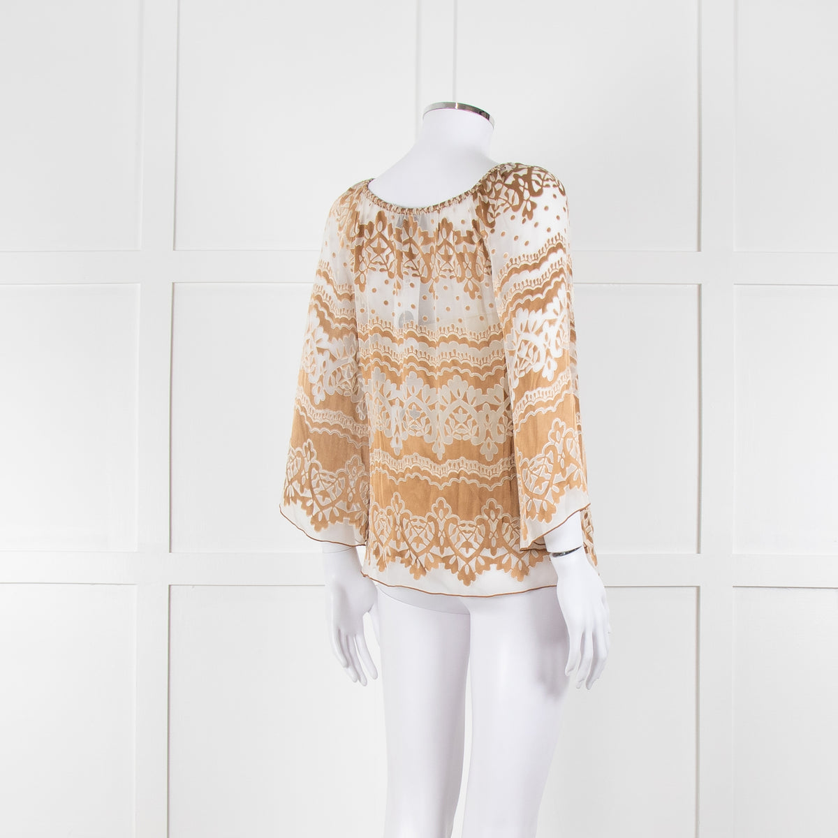 Hale Bob Cream Beige Devore Tie Neck Top With Vest