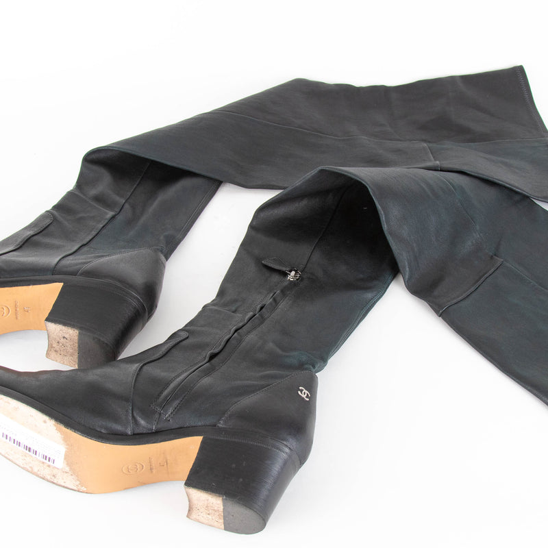 Chanel Black Dark Green Leather Thigh High Over The Knee Boots Phoenix Style