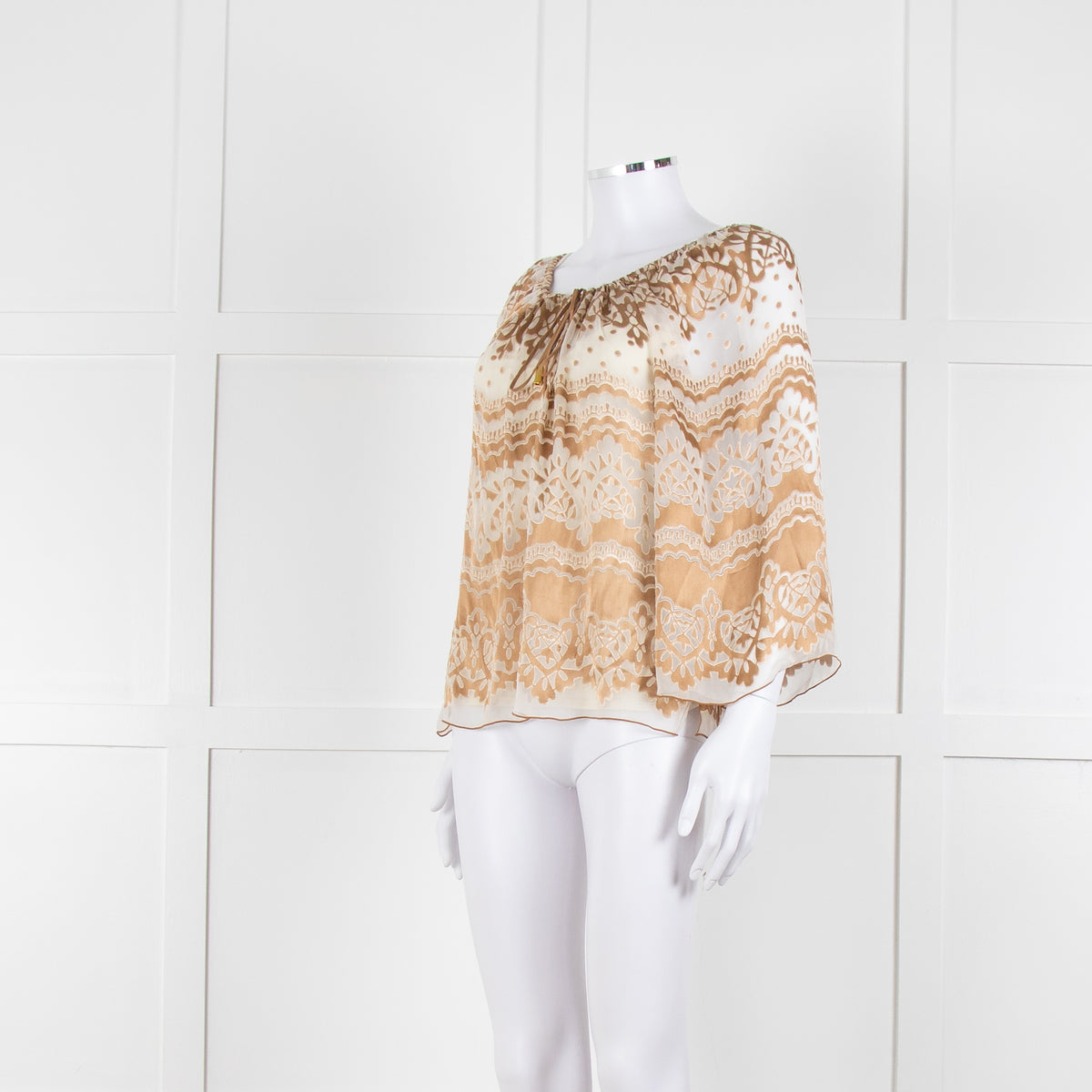 Hale Bob Cream Beige Devore Tie Neck Top With Vest