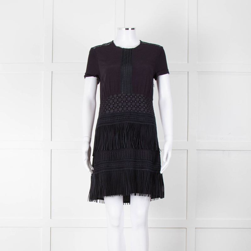 Maje Navy Short Sleeve Fringed Mini Dress
