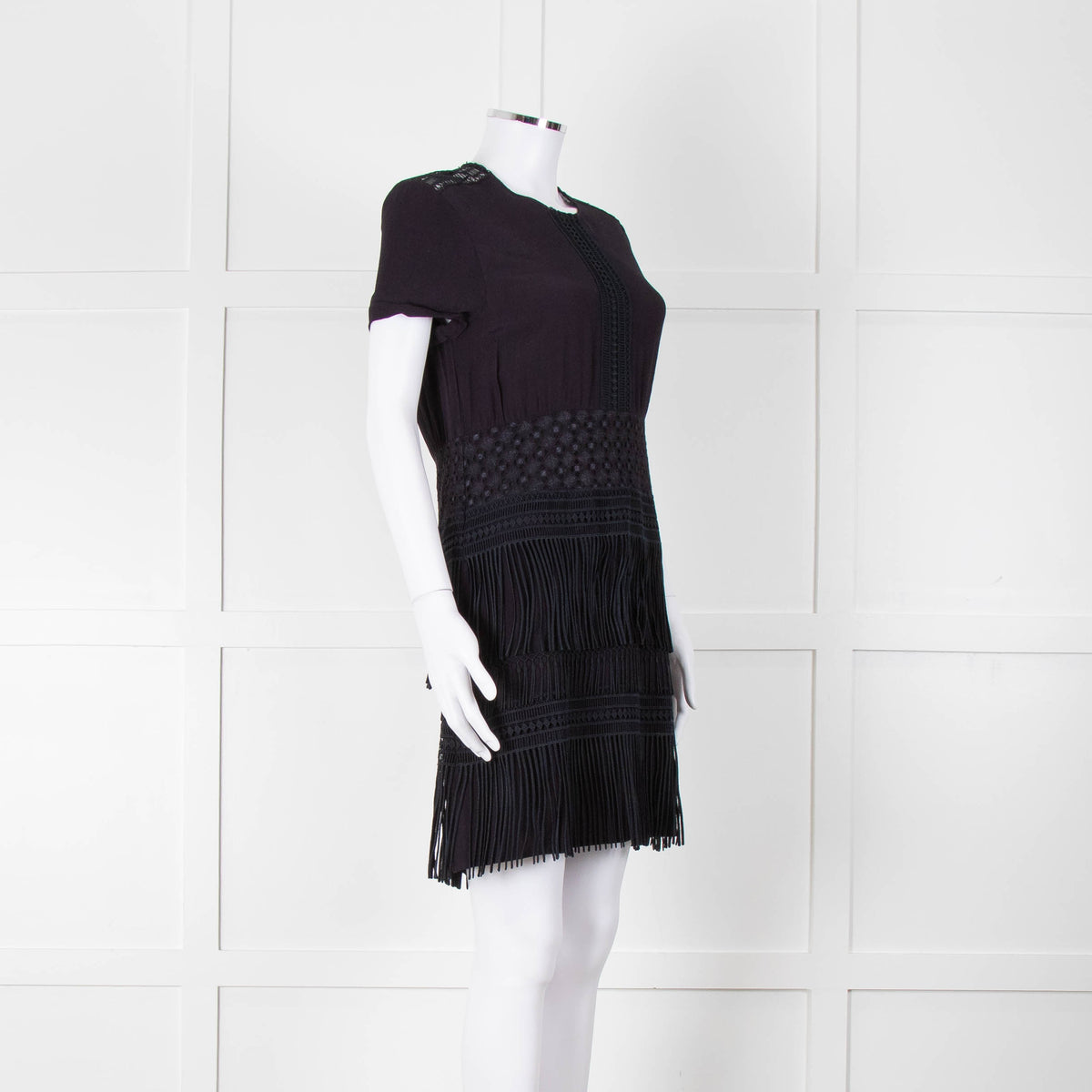 Maje Navy Short Sleeve Fringed Mini Dress