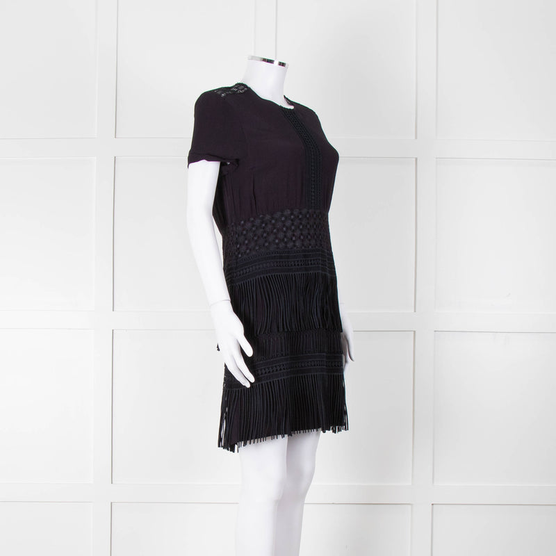 Maje Navy Short Sleeve Fringed Mini Dress
