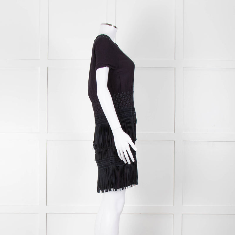 Maje Navy Short Sleeve Fringed Mini Dress