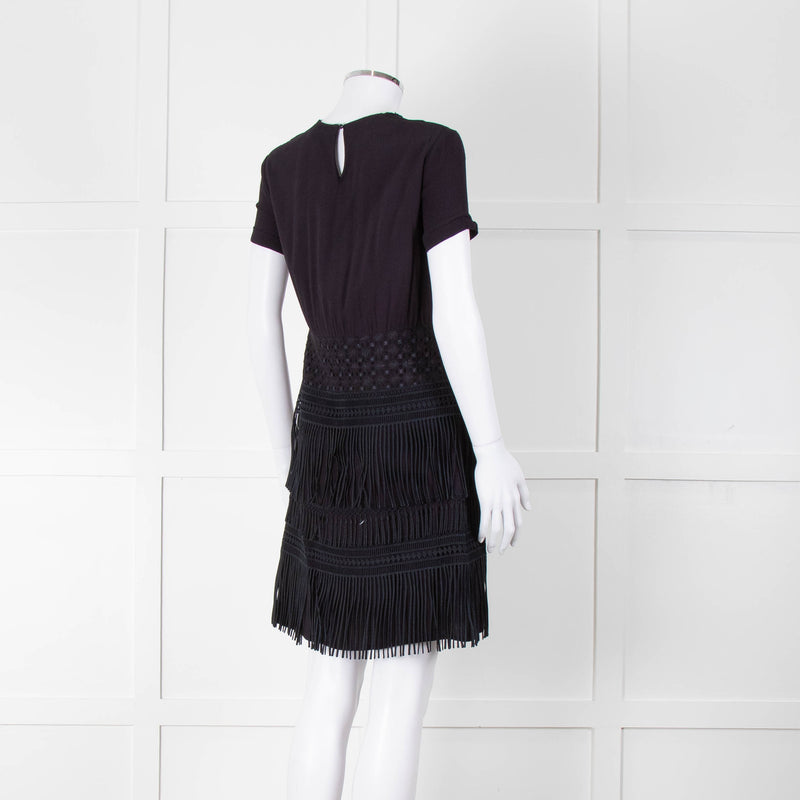 Maje Navy Short Sleeve Fringed Mini Dress