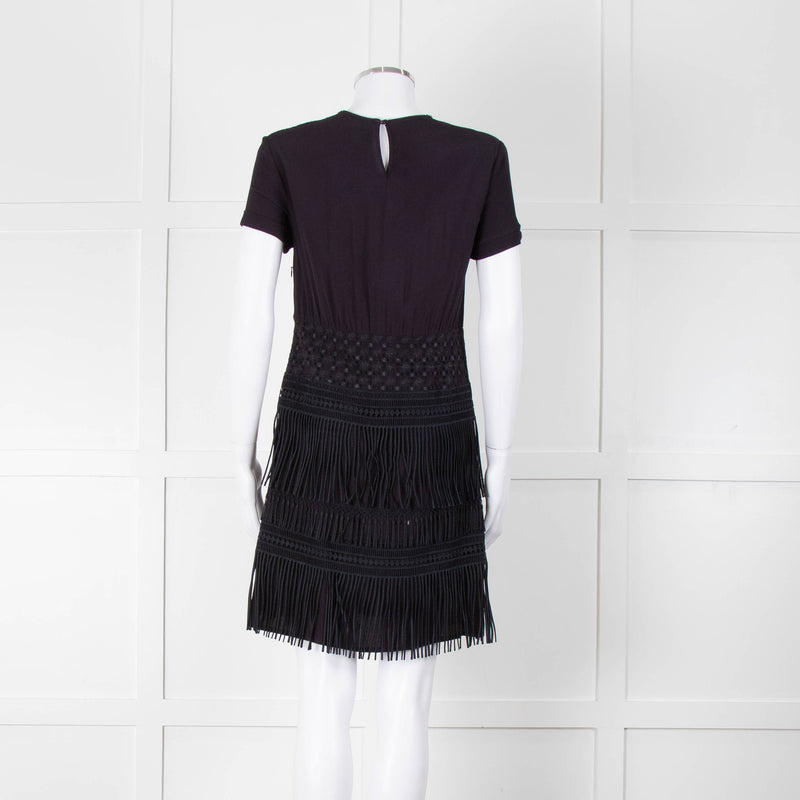 Maje Navy Short Sleeve Fringed Mini Dress