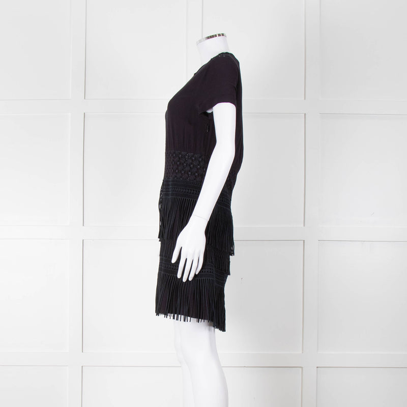 Maje Navy Short Sleeve Fringed Mini Dress