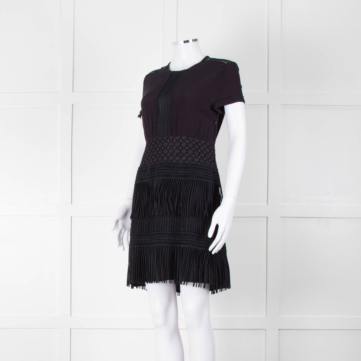 Maje Navy Short Sleeve Fringed Mini Dress