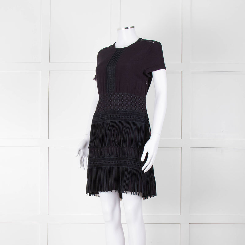 Maje Navy Short Sleeve Fringed Mini Dress