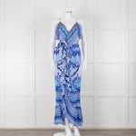 Camilla Blue and White Silk Patterned Jewelled Maxi  Dress