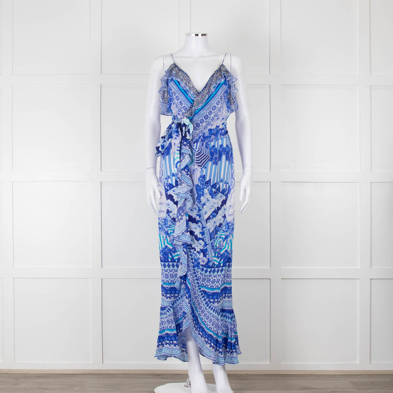 Camilla Blue and White Silk Patterned Jewelled Maxi  Dress