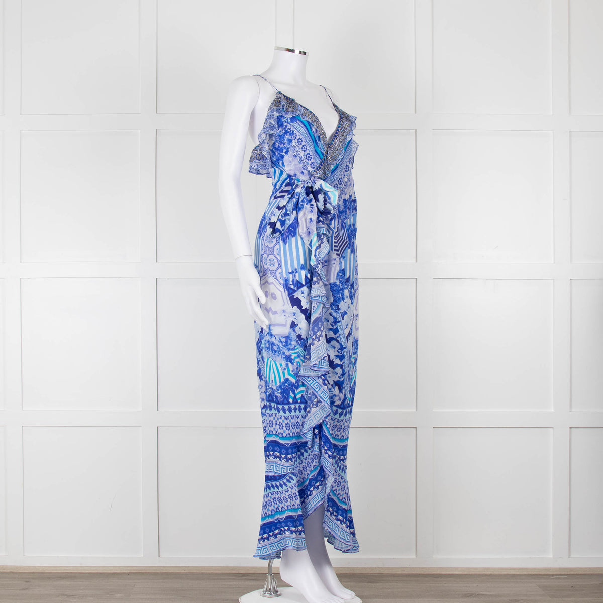 Camilla Blue and White Silk Patterned Jewelled Maxi  Dress