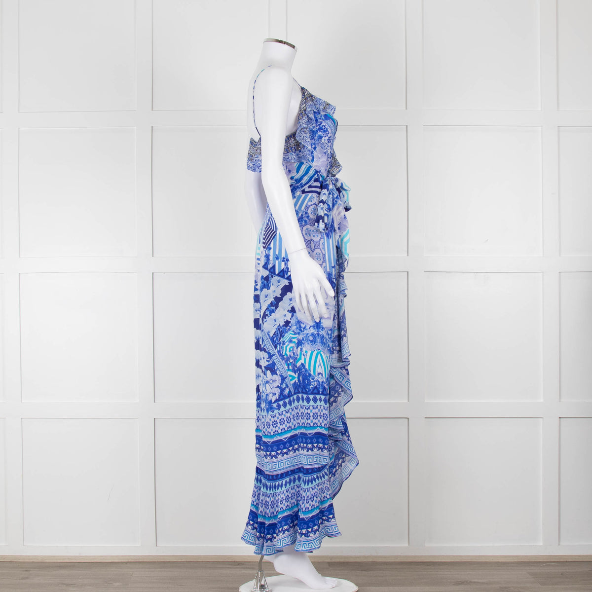 Camilla Blue and White Silk Patterned Jewelled Maxi  Dress
