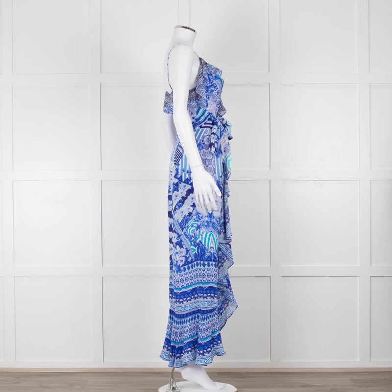 Camilla Blue and White Silk Patterned Jewelled Maxi  Dress